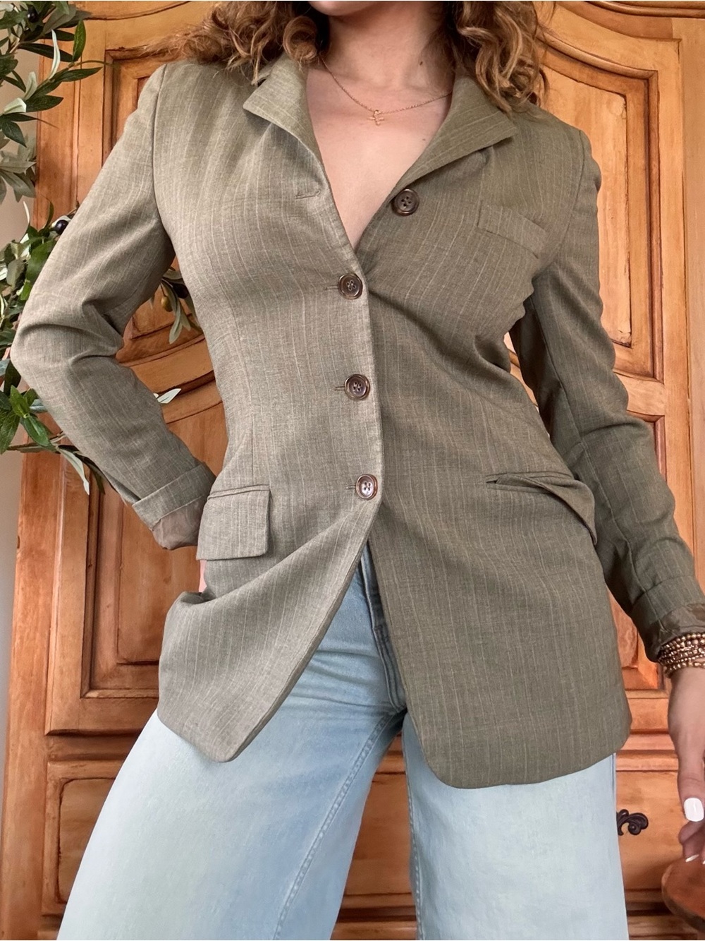 Luciano Barbera Olive Green Pinstripe Tailored Blazer